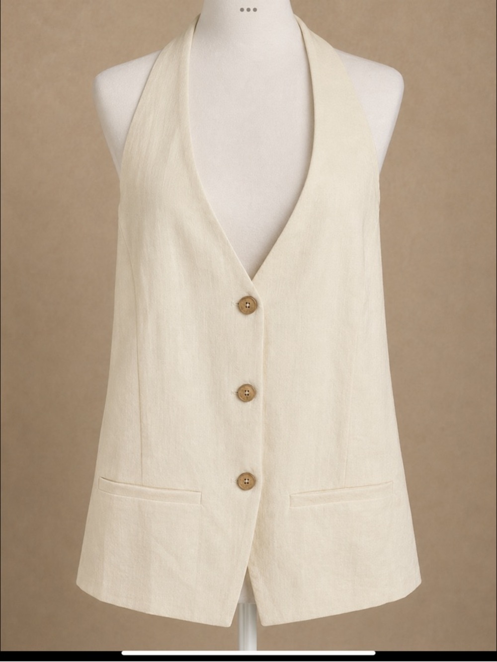 Cream Coastal Halter Vest • European Summer Linen Look • Open Back Tie XL